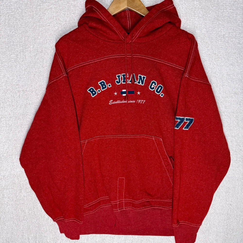 Vintage Bugle Boy B.B. Jean Co Hoodie Mens L Red 77 Embroidered Y2K
